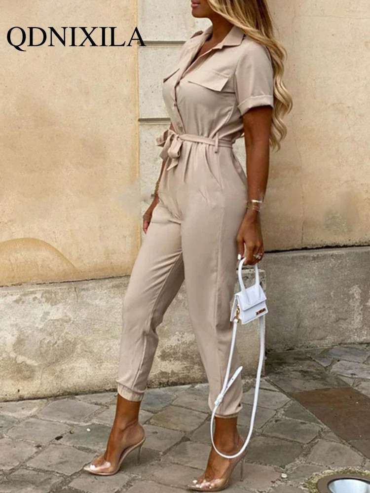 Summer Jumpsuit Women Elegant Casual Lapel Buckle Printed Female Jumpsuit Woman Trousers Playsuit Overalls Bodysuit Romper 250220
