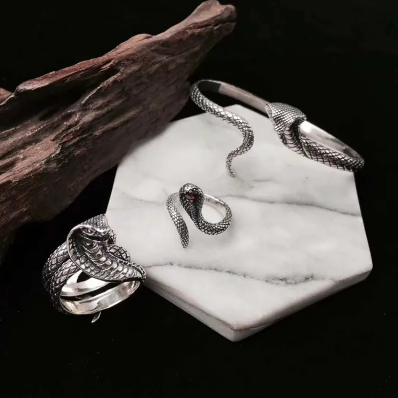 925 Sterling Silver Cobra Snake King Cuff Bangles For Men and Women Exaggerated Cool Punk Jewelry 250220