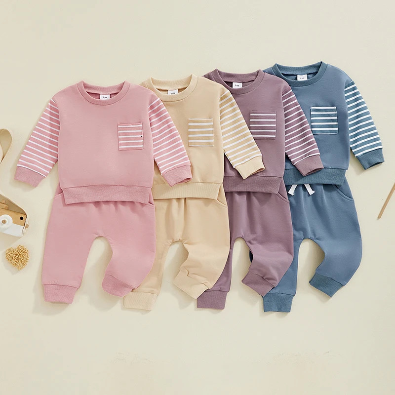 -06-29 Lioraitiin Baby Boy Girl Fall Outfits Striped Long Sleeve Sweatshirt Elastic Waist Pants with Pockets 2 Piece Set 250219