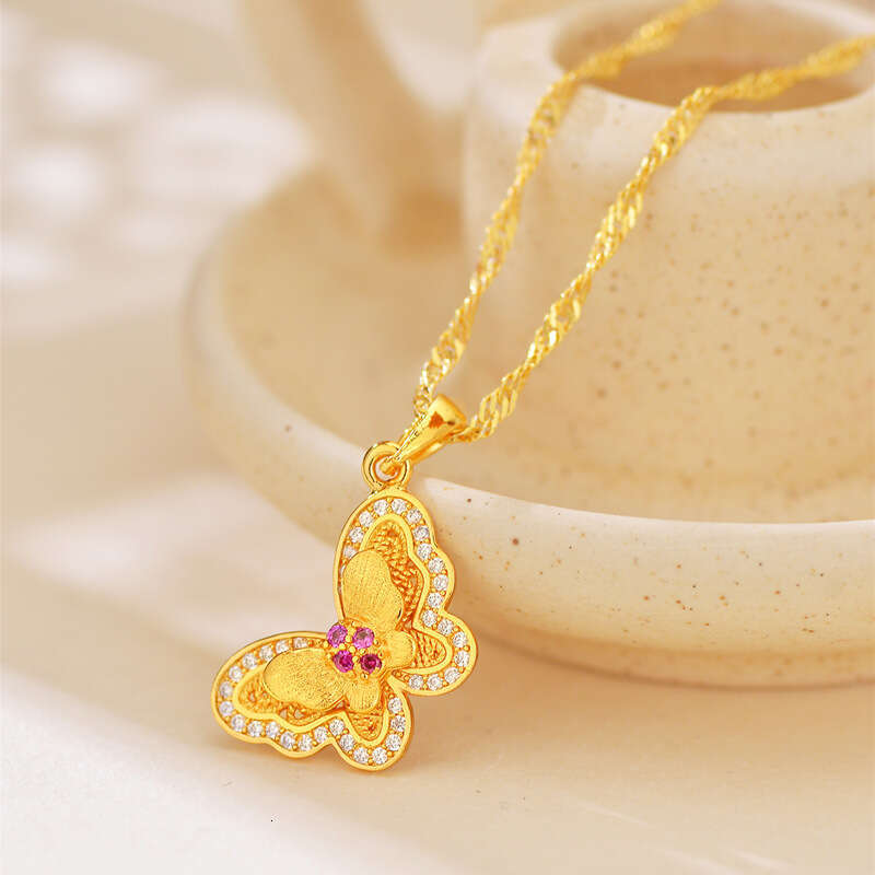 The same double-layer wing pendant from Jindian, sand gold feather micro inlaid necklace for women, light , high-end, exquisite colored butterfly