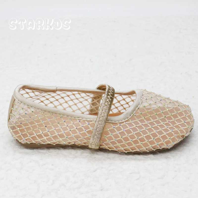 Luxury Lace Mesh Ballet Flat Kid Girls Elegant Brand Design Rhinestones Covered Fishnet Ballerina Shoes Children Dress Shoes X2502201