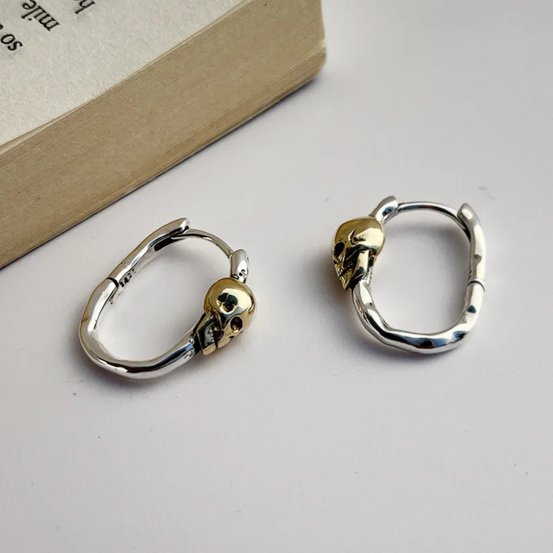 Silvology Real 925 sterling silver gothic punk rock skull ring earrings retro womens two tone earrings fashion jewelry 250219