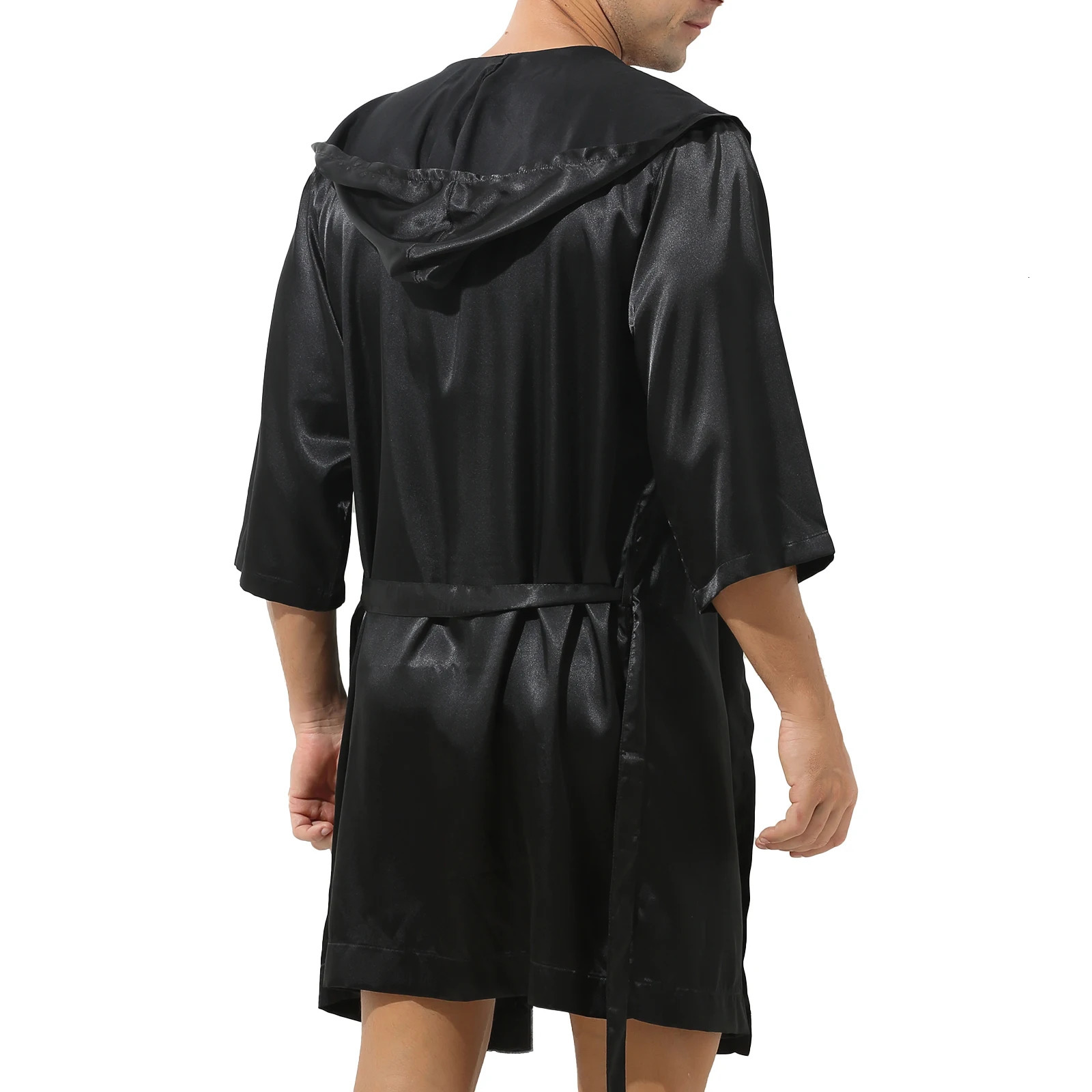 Mens Sleepwear Robe Satin Pajamas Tops Open Front Hooded Nightrobe Belted Kimono Half Sleeve Bathrobe without Shorts Nightwear 250220