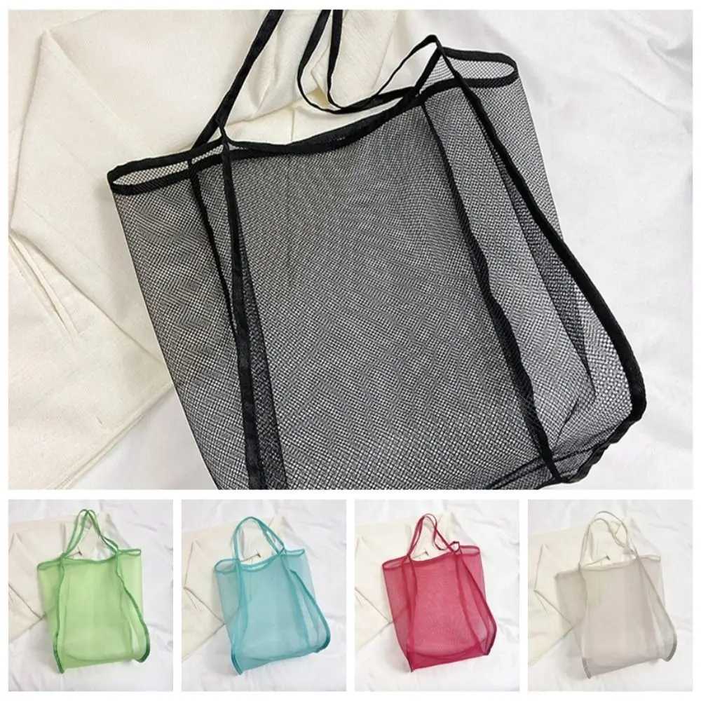 Casual Large Capacity Beach Bag Solid Color New Style Transparent Mesh Bag Sports Shoulder Pouch Tote Handbag Travel Z250219