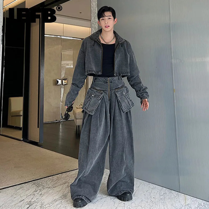 IEFB Two-piece Trendy Zipper Short Jacket Wide Leg Trousers Big Pocket Autumn Mens Wear Personality Denim Pants Set 9C1543 250220