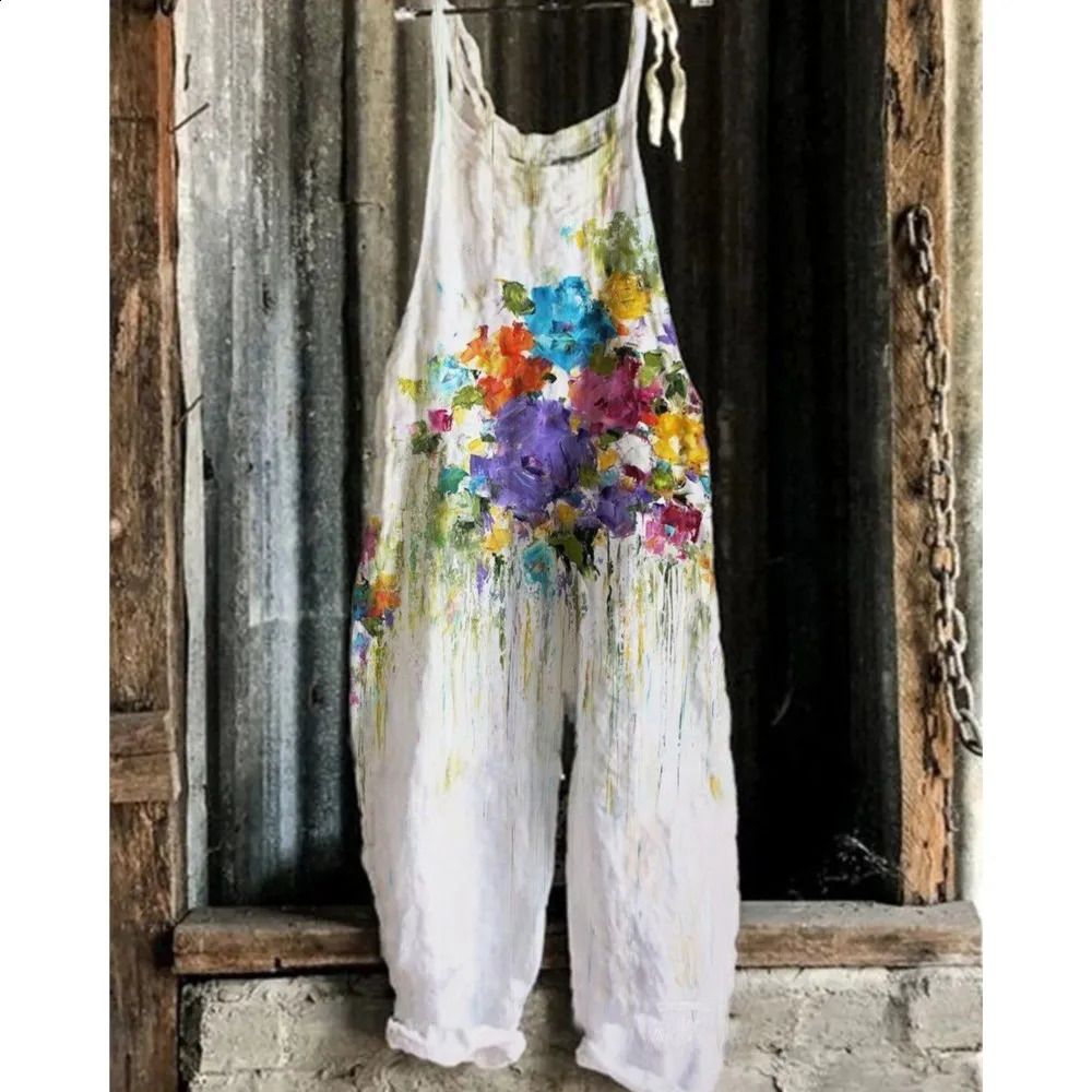 Womens Jumpsuits Summer Overalls Boho Vintage Print Square Neck Sleeveless Casual Rompers Pockets Wide-Leg Pants Womens Playsuit 250220