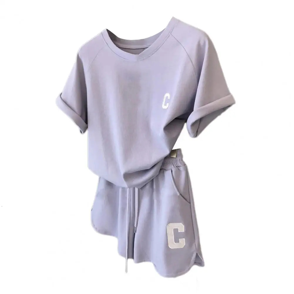 Womens sportswear womens summer set Oneck letter printed Tshirt elastic waist shorts 250220