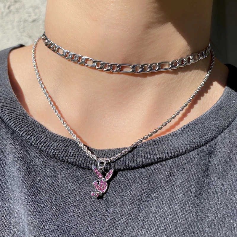 Pendant Necklaces Hip hop Street neutral hippop rock stainless steel twist chain full diamond rabbit head Rabbit Necklace H25219