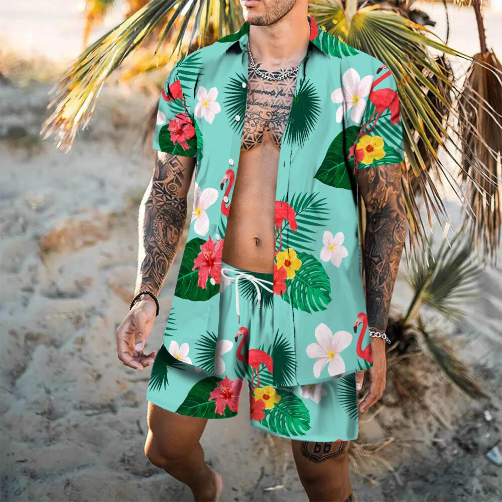 Hawaii Beach Fashion Mens Shirt Set Flamingo 3D Printed Loose Short Sleeve Shorts Shirts 2Pcs Holiday Casual Suits 250220