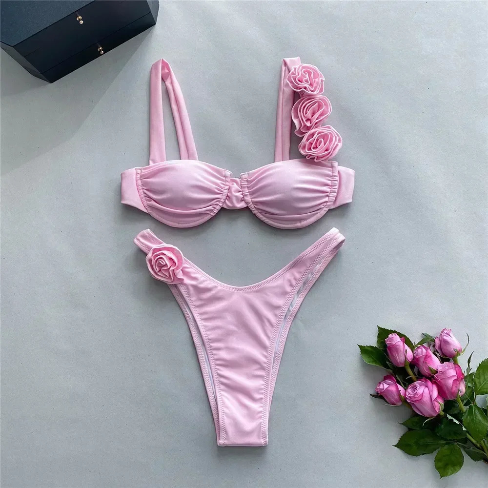 Sexy 3D Flower Shiny Pink Push Up Bikini Women Swimwear Underwired Swimsuit High Cut Bathing Suit Wrinkled Bikinis Sets 250220