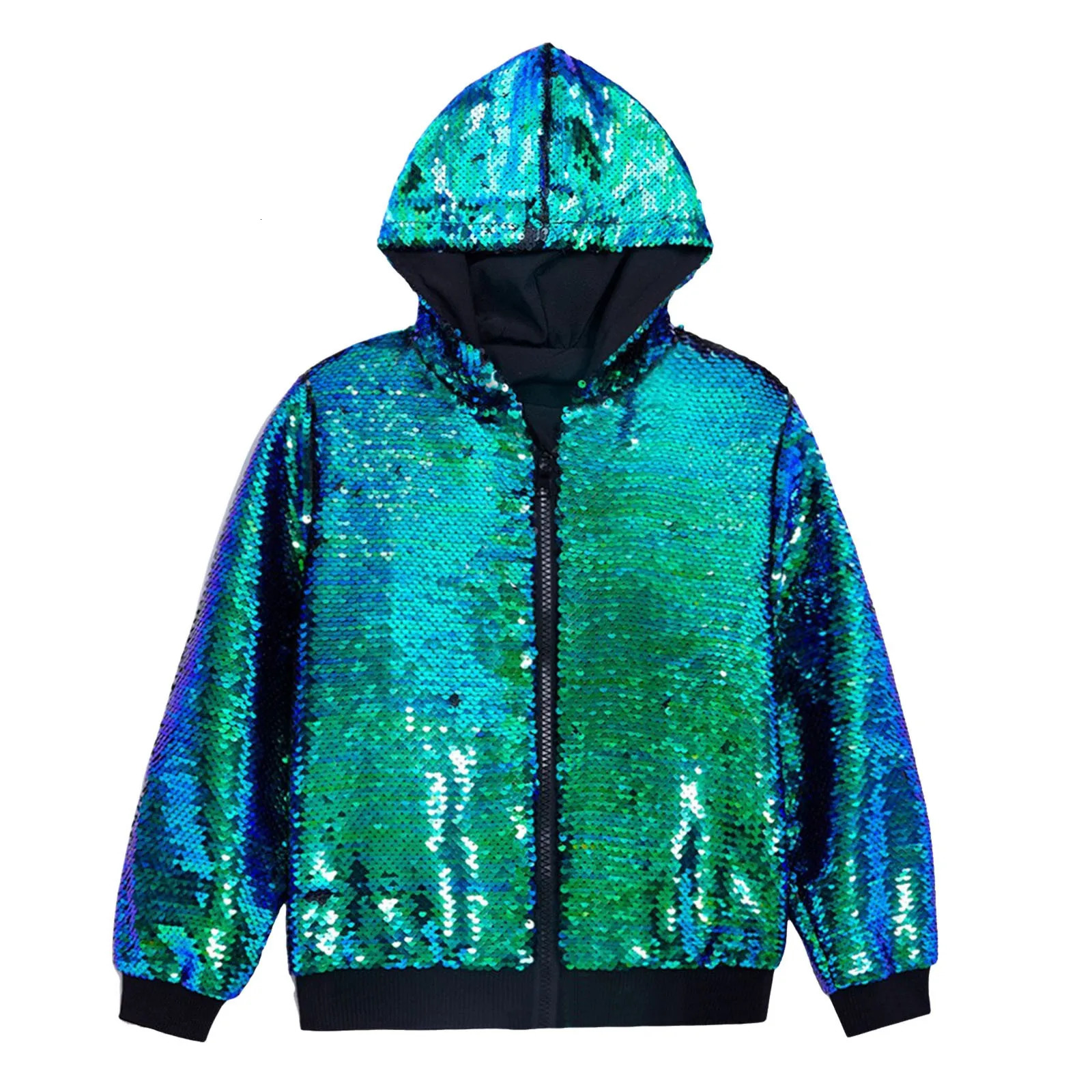 Mens Outdoor Hooded Jacket With Pocket Cool Long Sleeve Unisex Leisure Outerwear Overcoat Nightclub Party Sparkly Sequin Clothes 250218