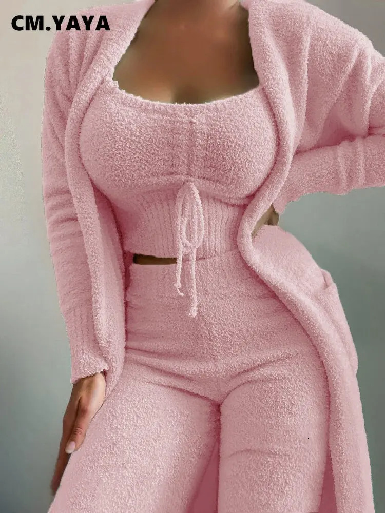 CM. YAYA 3-Piece Womens Set Plush Velvet Pajamas Sleepwear Tank TopPantsOpen Fleece Sweater Track Set Rest Area Coat Tight Clothes 250219