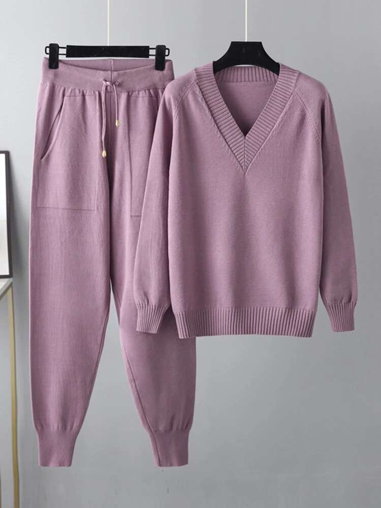 Knitted 2 Pieces Set Women V Neck Full Sleeve Sweater + Pencil Pants Solid Color New 2025 Female Clothing 17G7531