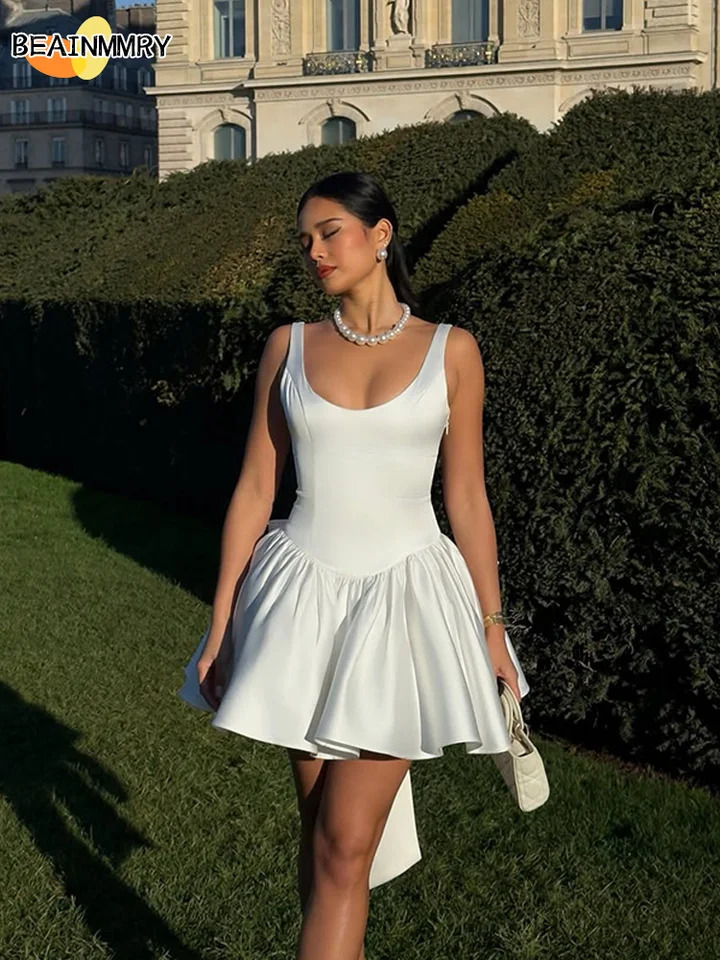 Women Solid 3d Bow Backless Mini Dress Fashion Sleeveless High Waist A-line Sling Dresses Lady Spring Summer Party Robe 250219