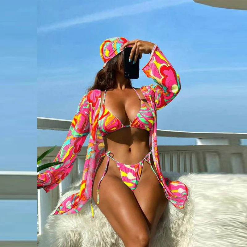 Women Long Sleeve Cardigan Tops 3 Piece Swimsuit Retro Leaves Print Sleeveless Halter Top Drawstring Bikini Set Female Swimwear 250220