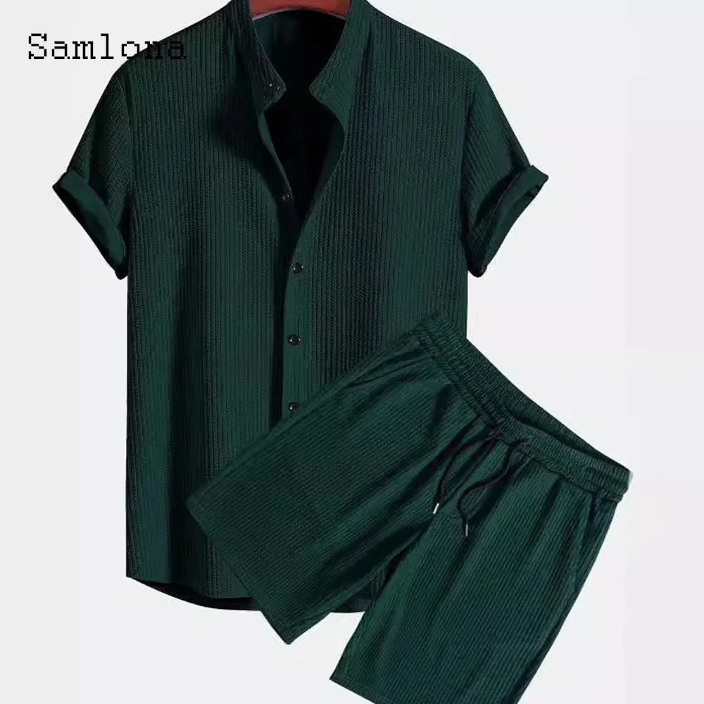 Mens Casual Knitted Two Piece Sets 2024 America and Europe Notched Blouse Light Blue Shorts Suit Male Beach Tracksuits Set 250220