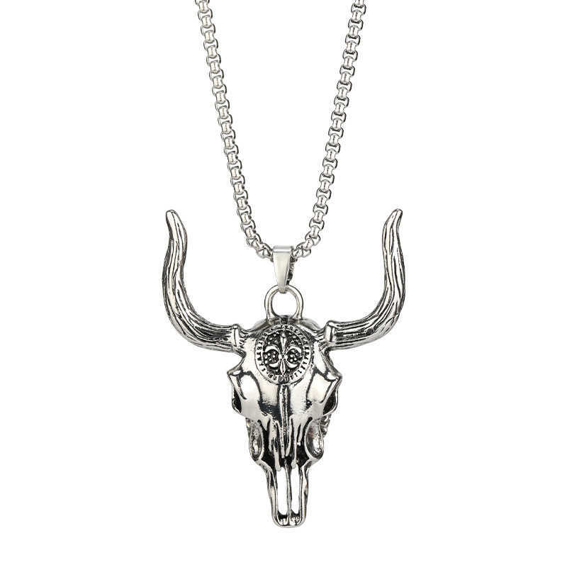 Pendant Necklaces Wild bull skull cool man titanium steel necklace mens domineering Street Western bull bone punk Pendant H25219