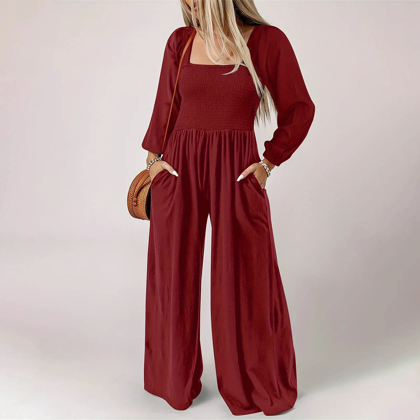 Womens plus size autumn long sleeved jumpsuit casual fashion tight fitting loose pleated wide womens elegant high-quality jumpsuit 250220