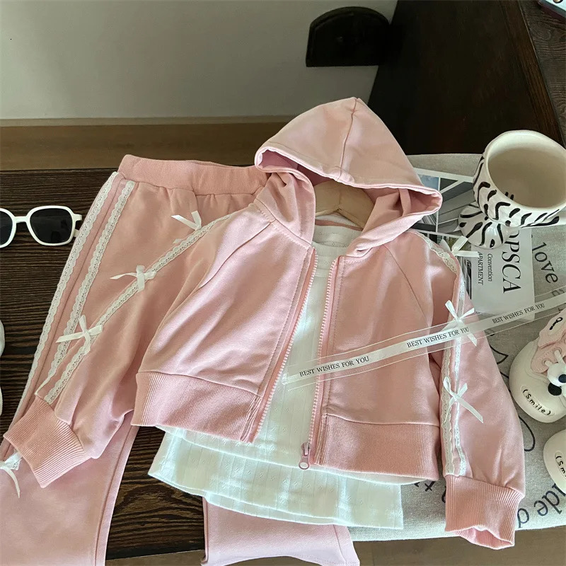 Korean Childrens Spring Girls Two-piece Set Bow Hooded Sweatshirt Jacket Lace Flared Pants Suit Toddler Girl Outfits 250219