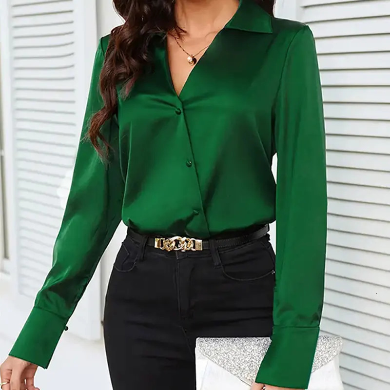 Trend Fashion Women Casual Elegant Satin Long Sleeved Shirt Office Womens Shirts And Blouses Slim Femal Clothes Green Like Silk 250219