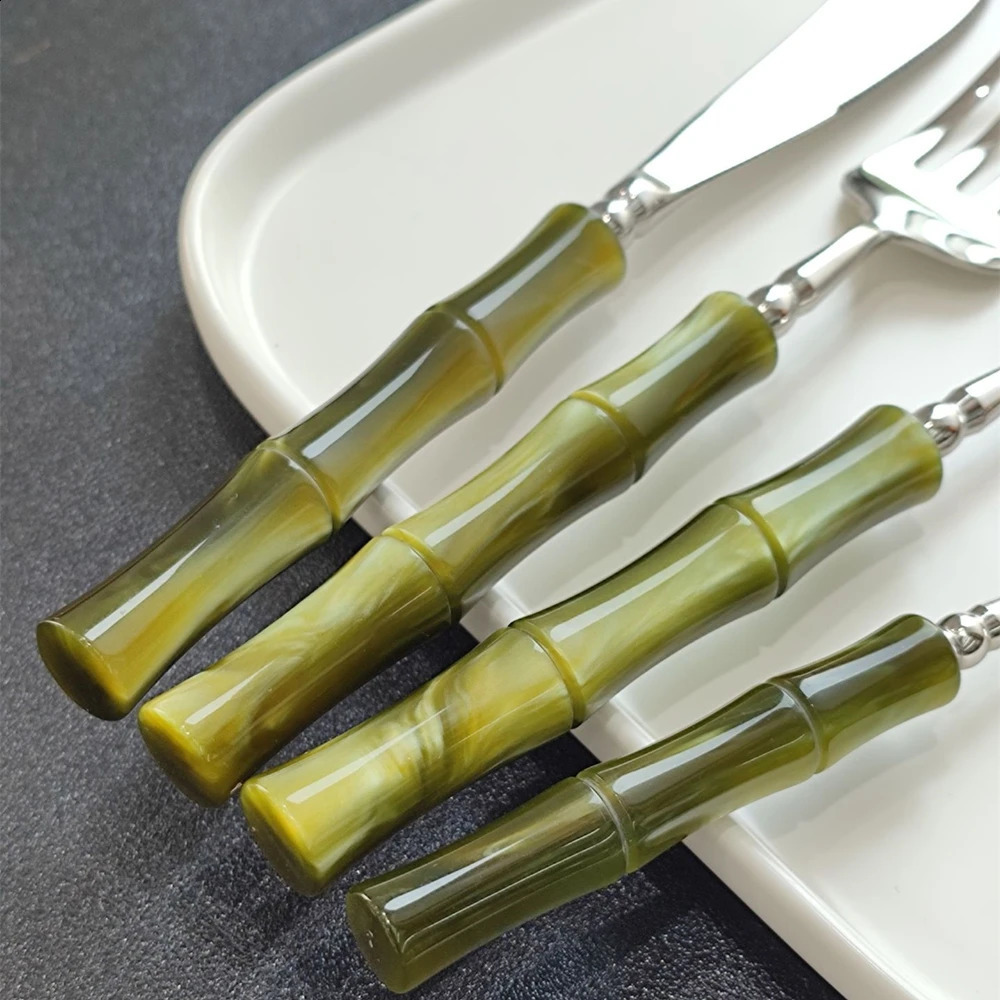 Resin Cutlery Bamboo Style 18/10 stainless steel 304 Classical Flatware Dinnerware Set Silver Drop 250214