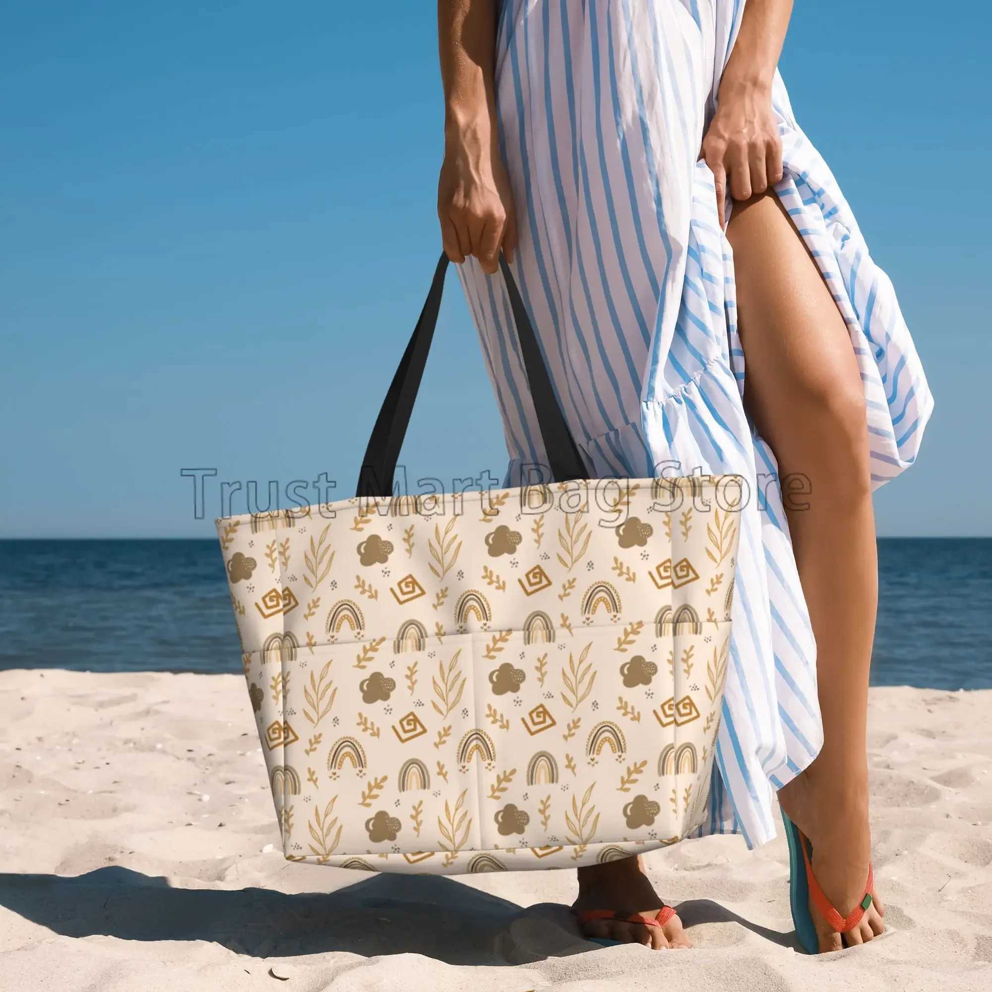Cute Bohemian Rainbow Waterproof Beach Handbag Womens Pool Handbag Oversized Gym Handbag Vacation Travel Swimming Z250219