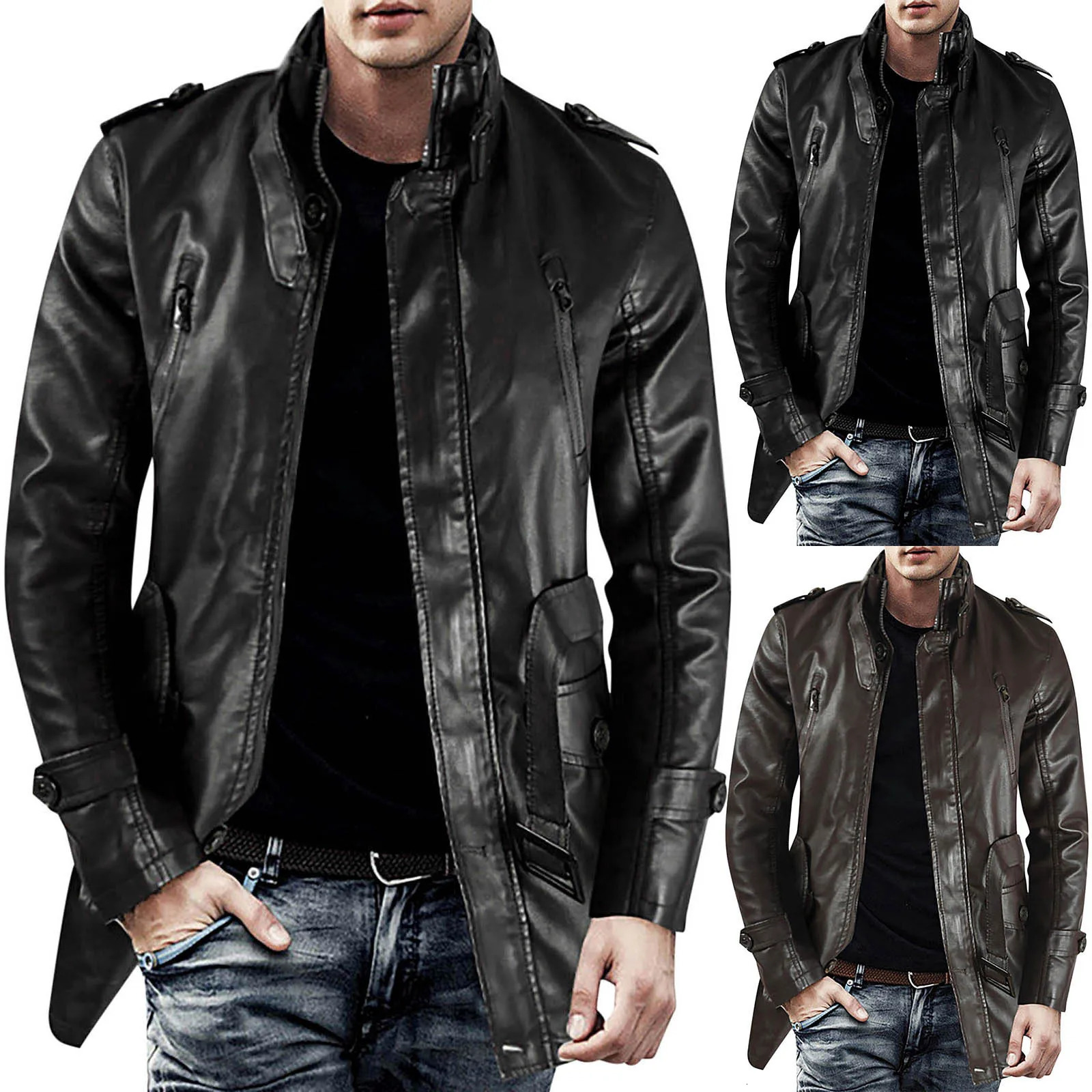 Mens Winter Casual Leather Jacket Zipper Long Sleeve Stand Trench Coat Men Tactical Windproof Waterproof jacket 250210