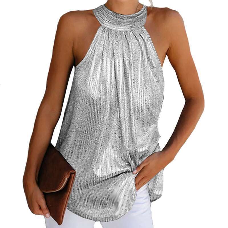 Women Golden 2024 Fashion High Neck Sleeveless Hatler Tank Top Vest Summer Casual Loose Blouse Shirt Tees