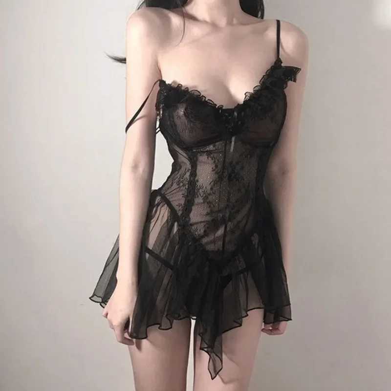 Black Gentle Temptation Dress Set Sexy Date Nightgown S-XL Underwear Woman Sexy Two Piece Sets Lace Babydoll Thong Erotic Suit W250220