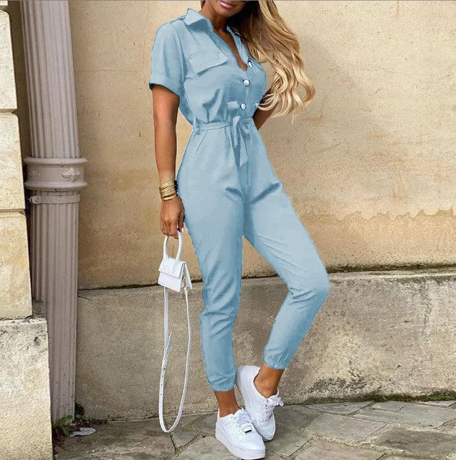 Casual short sleeved jumpsuit for office ladies in spring and summer fashionable and elegant solid lace womens jumpsuit one-piece jumpsuit 250220