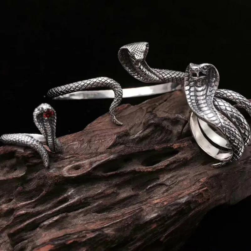 925 Sterling Silver Cobra Snake King Cuff Bangles For Men and Women Exaggerated Cool Punk Jewelry 250220