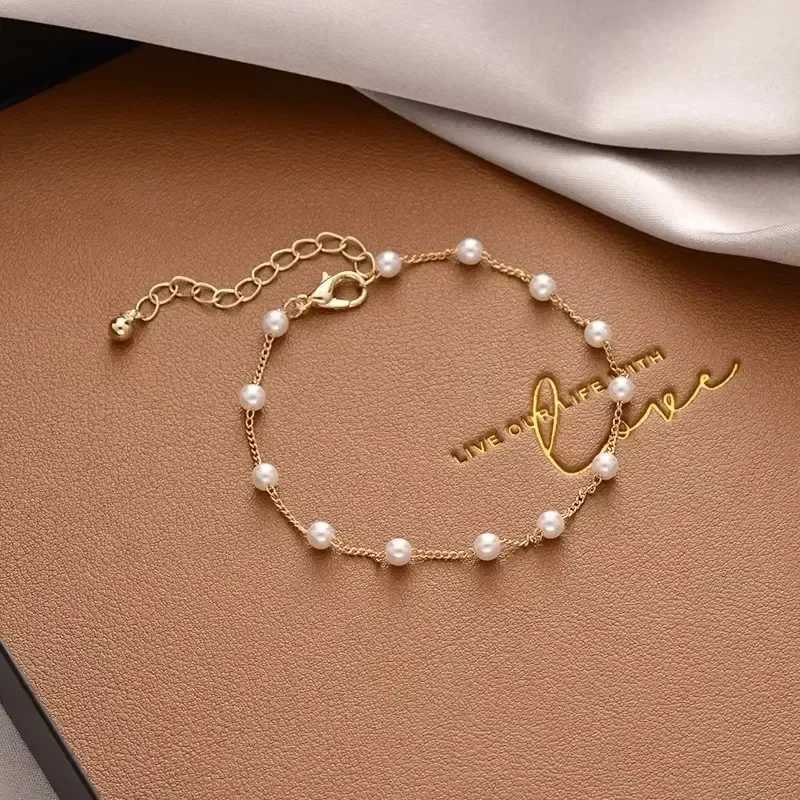 1PCS Fashion Korean Style Pearl Heart Pendant Bracelet Woman Simple Vintage Stainl Steel Chain Bracelet Jewelry AccoriesXJ250219