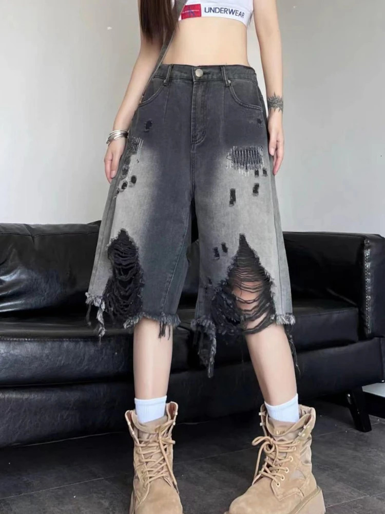 S-4XL Womens Denim Shorts Gradient Distressed Hollow Summer Daily Korean Fashion Basic 250219