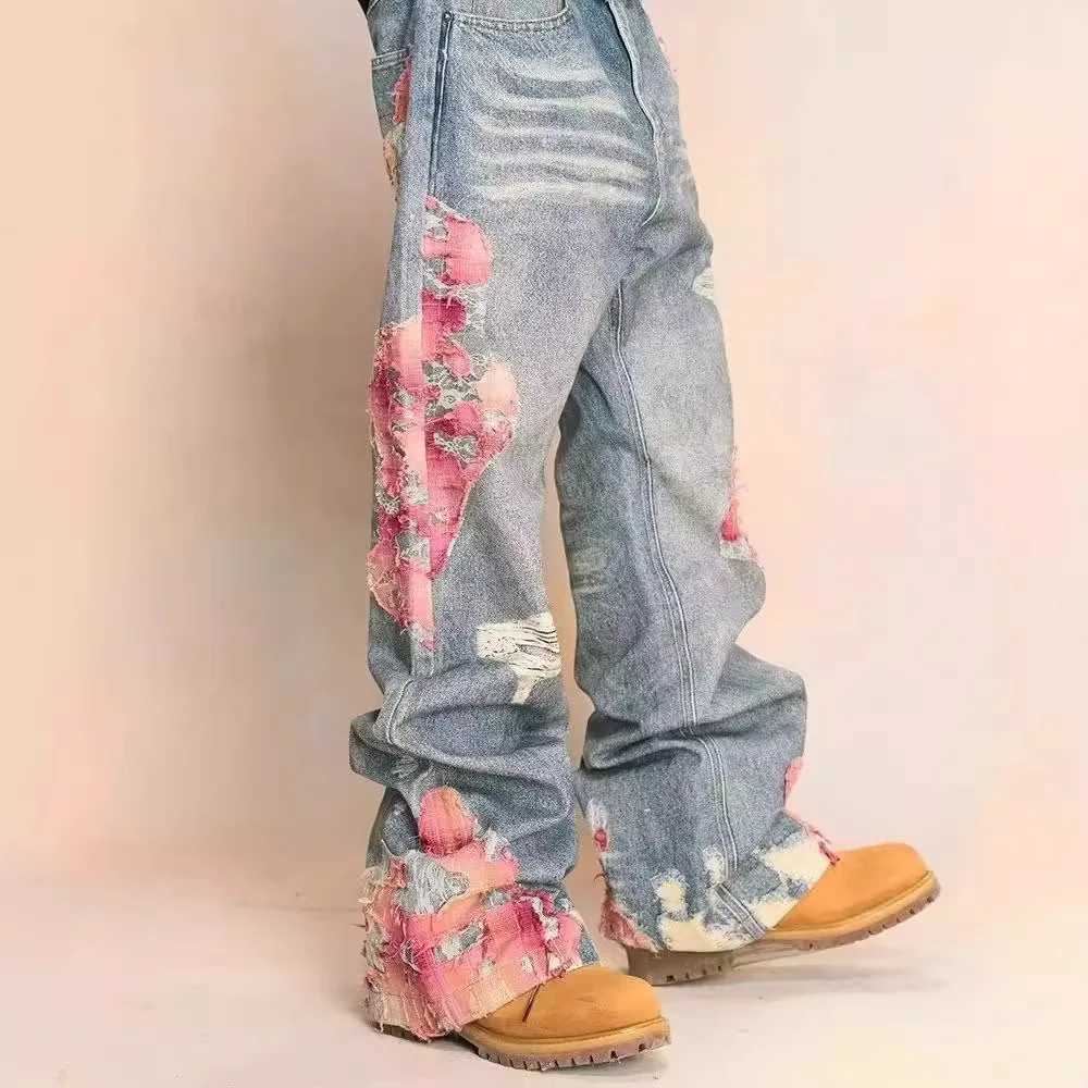 Y2k Grunge Ripped Print Contrast Patchwork Straight Harajuku Hip Hop Casual Baggy Trendy High Waist Hallow Out Jeans X250220