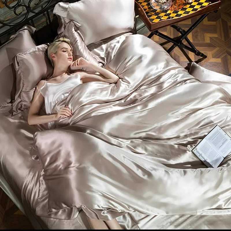 High-end Blending Natural Mulberry Silk Bedding Set Luxury Satin Silky Queen Size Duvet Cover Set with Sheets King Size Bed Set Y250219