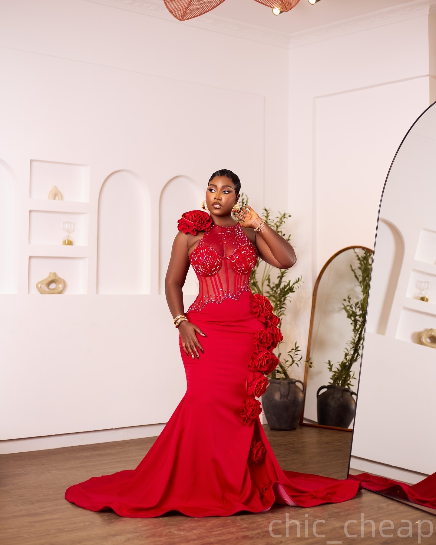 Red Mermaid Prom Dresses 2025 Flowers Beaded Satin Sheer Neck Evening Formal Party Second Birthday Engagement Gowns Plus Size Dress For Special Occasi