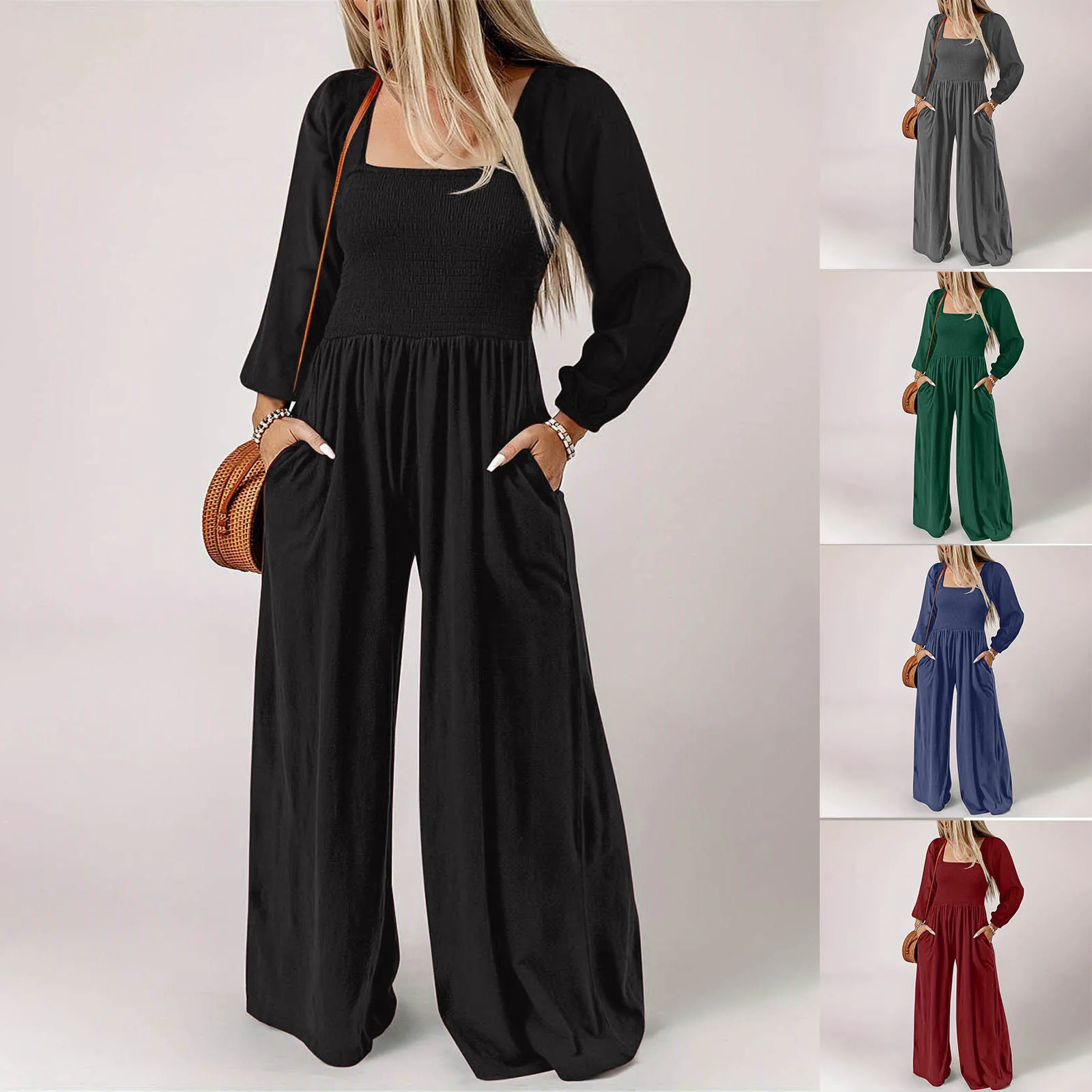 Womens plus size autumn long sleeved jumpsuit casual fashion tight fitting loose pleated wide womens elegant high-quality jumpsuit 250220