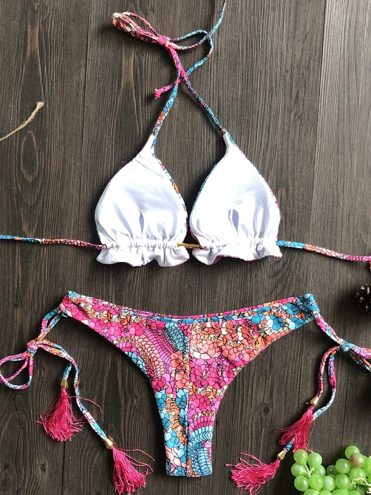 sexy bikini floral print swimsuit bead set push up womens Biquini beach 250212
