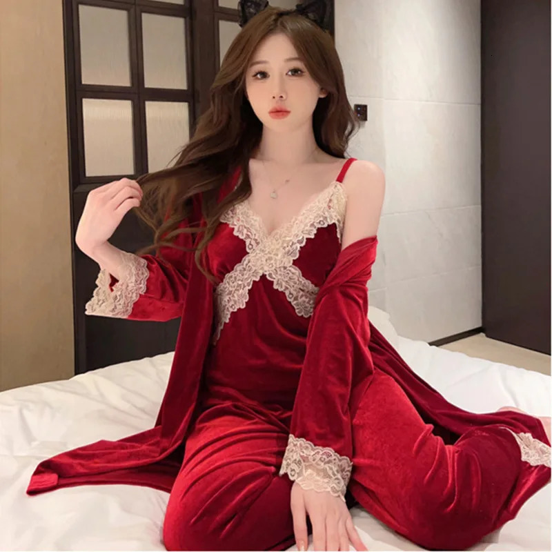 Long-sleeved Trousers Home Dress Pajama for Women Three Piece Pajama Set Women Spring Autumn Winter Sweet Lace Lashing Cardigan 250219