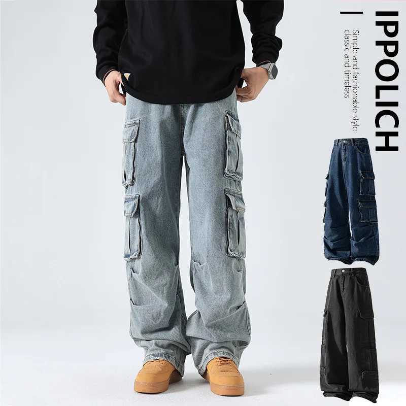 Multi pocket blue washed denim cargo pants for men Y2K heavy-duty retro streetwear fashion hip-hop jeans Harajuku casual wide leg pants X250220