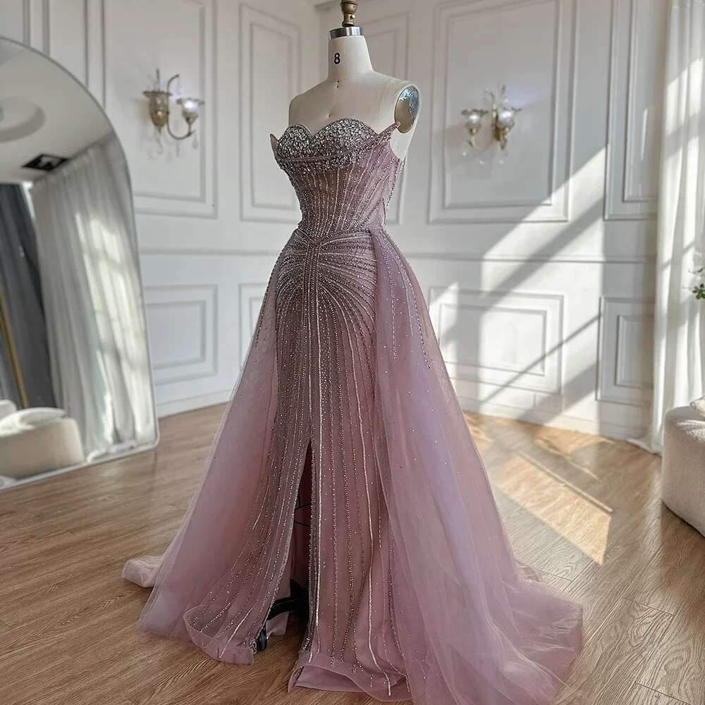 Hill Serene Customized Pink Crystal Beaded Saudi Mermaid Evening Dresses Gowns With Overskirt For Formal Ocn BLA mal