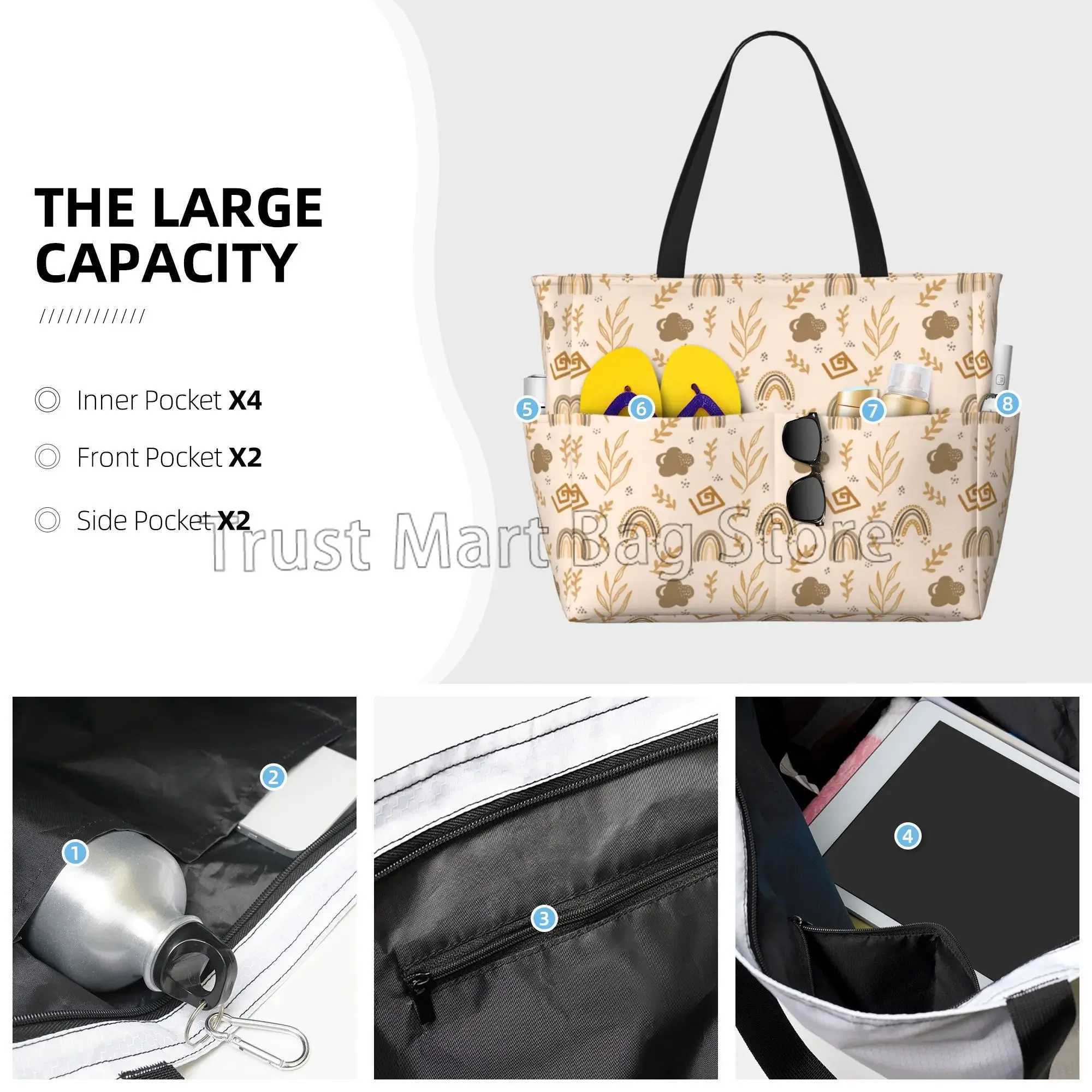 Cute Bohemian Rainbow Waterproof Beach Handbag Womens Pool Handbag Oversized Gym Handbag Vacation Travel Swimming Z250219