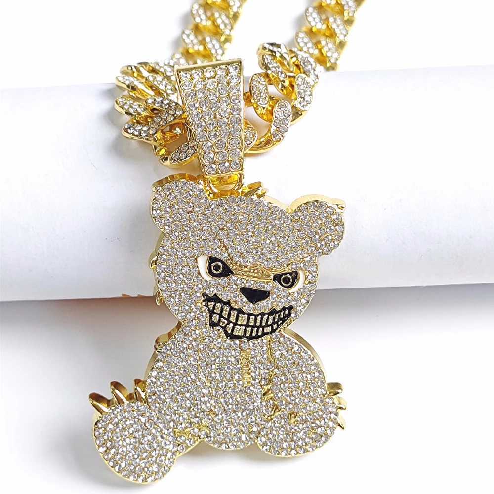 Hip Hop Aggrive Bear Pendants Necklaces with Miami Cuban Link Chain Brown Bear Mens Women Choker Collar Jewelry AccoriesXJ250219