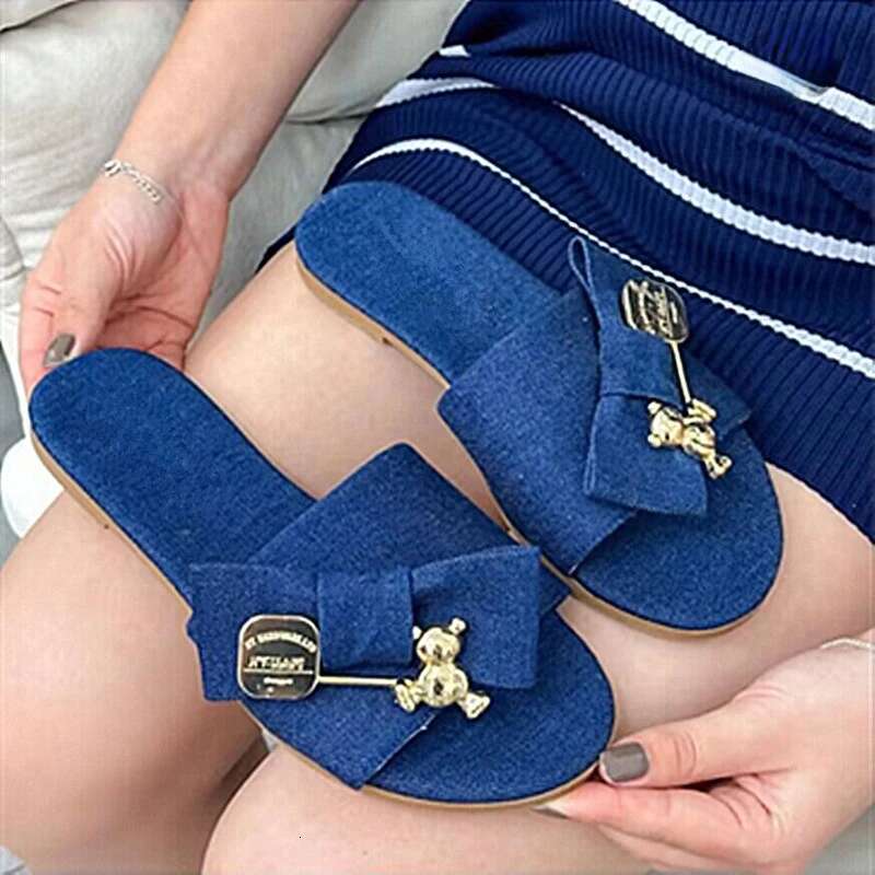 Women's Summer New Flat Round Head Open Toe Bow Buckle Needle Sandals Casual Lightweight Comfortable Non-slip Slippers ddmykukumalu