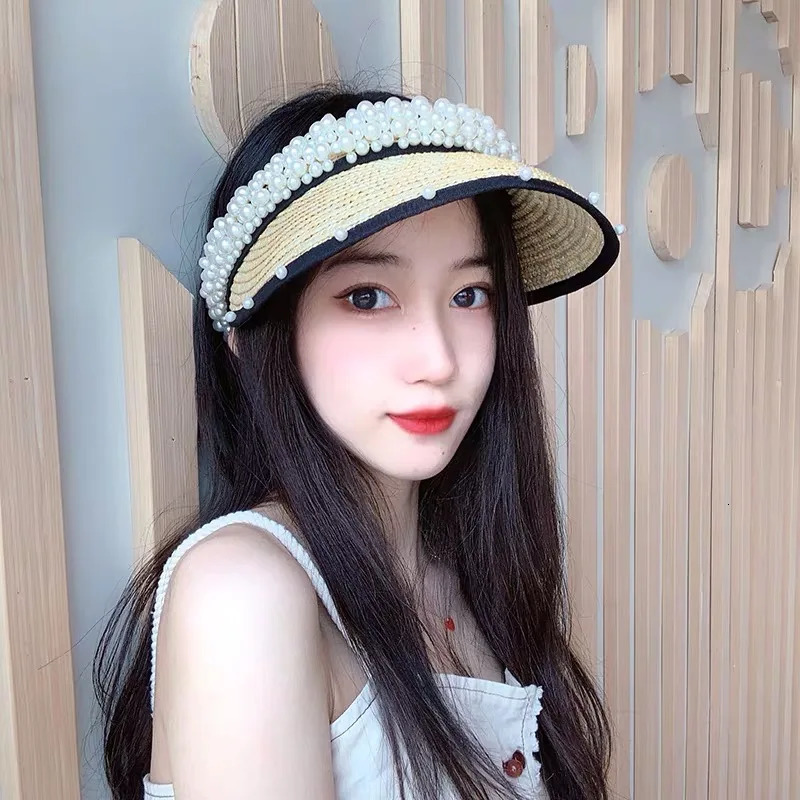 Elegant Handmade Wheat Straw And Pearl Empty Straw Sun Hats For Female Summer Sunshade Korean Seaside Beach Visor Visera Hat 250219