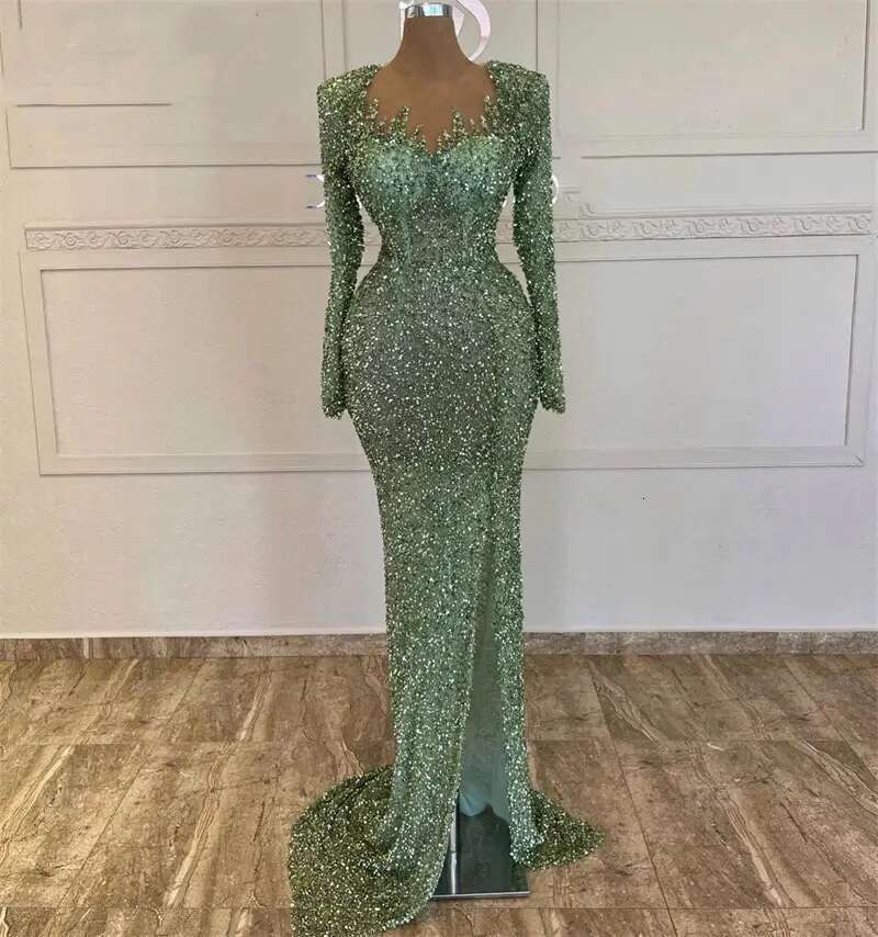 the Lanterns Mermaid Beads Evening Long Sleeves Female Green Formal Graduation Ball Party Dresses For Custom