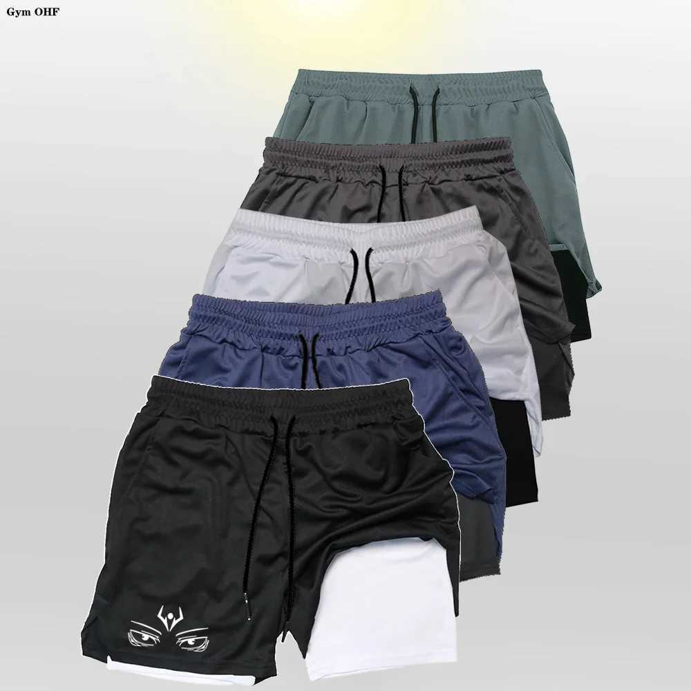 Anime Mens Shorts Double Layer Fitness Shorts Men Gym Training 2 in 1 Sport Shorts Quick Dry Workout Jogging Double Deck Summer X250220