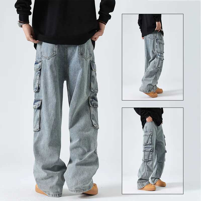 Multi pocket blue washed denim cargo pants for men Y2K heavy-duty retro streetwear fashion hip-hop jeans Harajuku casual wide leg pants X250220