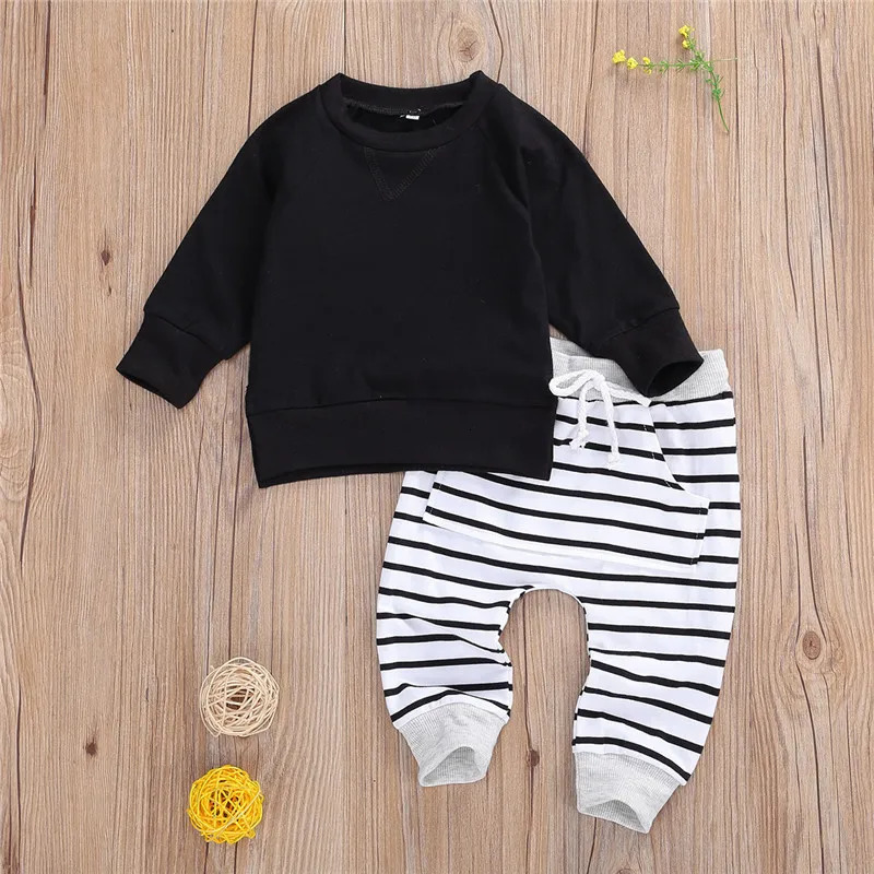 0-24Months Baby Boys Spring Autumn Clothes Sets Pullover Sweatshirt Tops Solid Black Striped Pants Trousers Baby Boys Outfits 250219