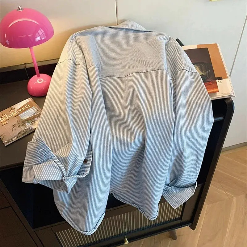 Vintage denim striped oversized shirt beautiful womens promotion collar spring long sleeved top 250220